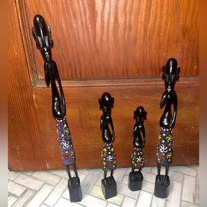 Set of 4 Hand Carved Wooden Tribal Black Figurines in Different Sizes EUC